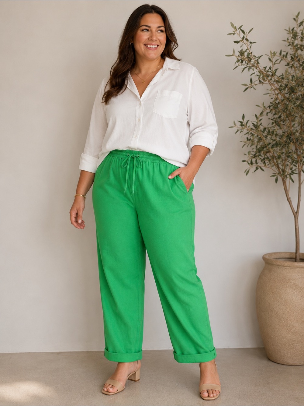 J. Crew 100% linen Bright Green Pull-On Pants 12